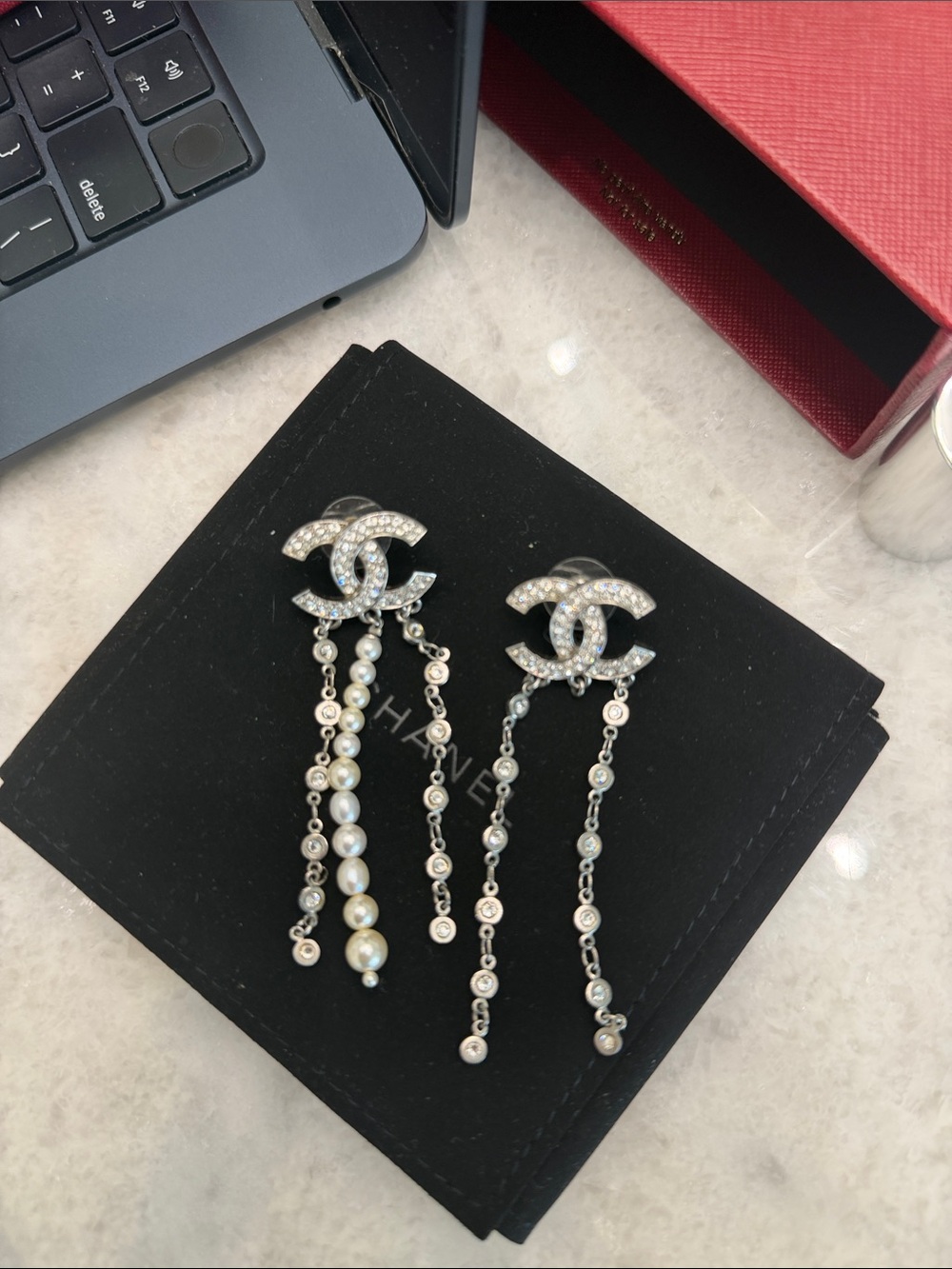 Authentic CHANEL Silver-Tone Crystal CC Logo Earrings with Pearl Drops